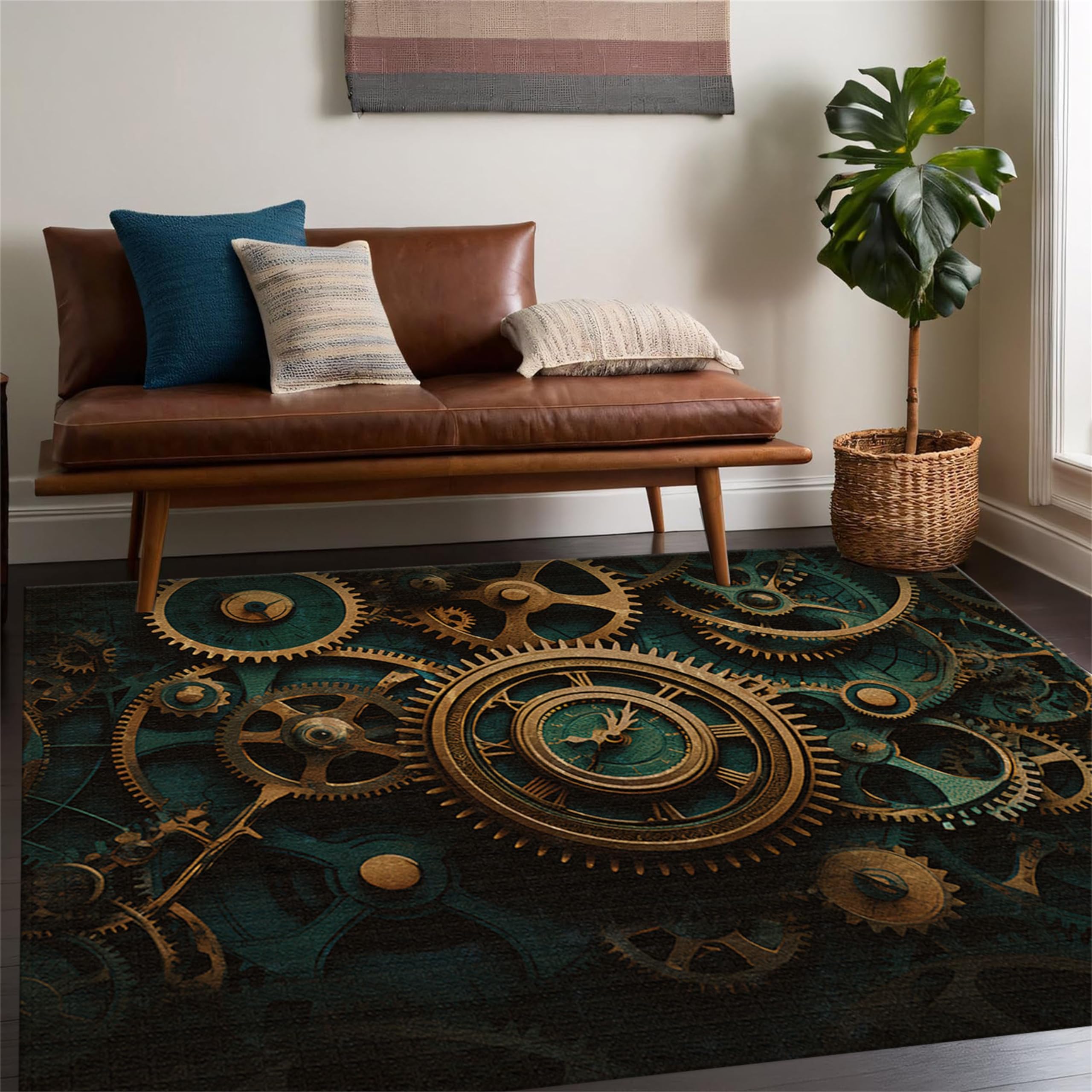 rugylsf Living Room Area Rug Steampunk Gear Print Luxury Rug Bedroom Dining Room Soft Non-Slip Floor Mats Washable Black Gear Rug Tool Shop Office Rug Mechanical Enthusiast Rugs 4x6ft