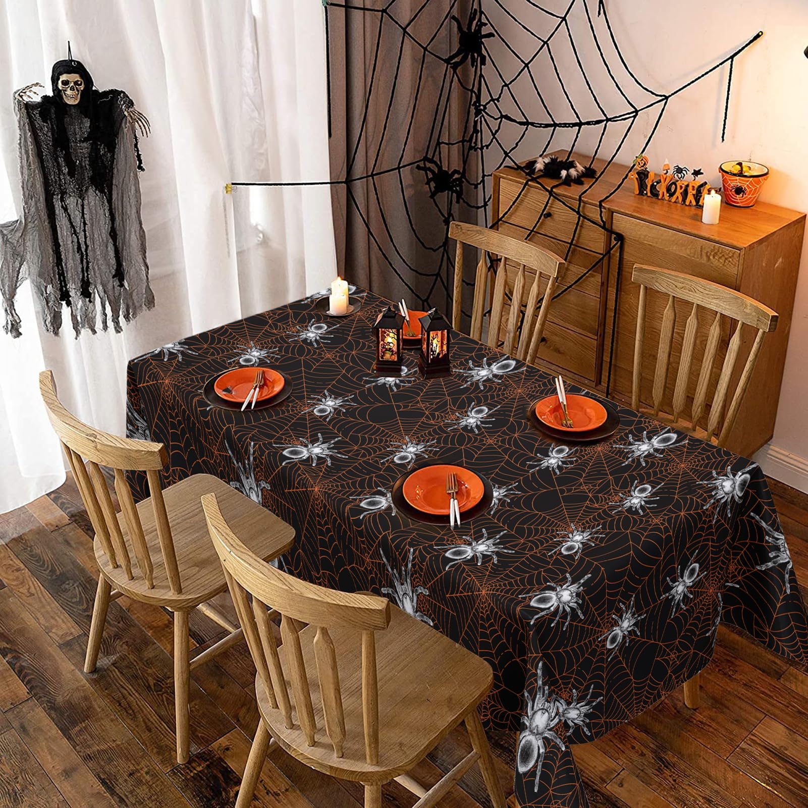 DAZONGE Halloween Decorations Indoor/Outdoor, Spill-Proof Spider Web Tablecloth, 2 Pack Plastic Halloween Table Covers 54''x110'' Black, Halloween Decor for Trick or Treat Events