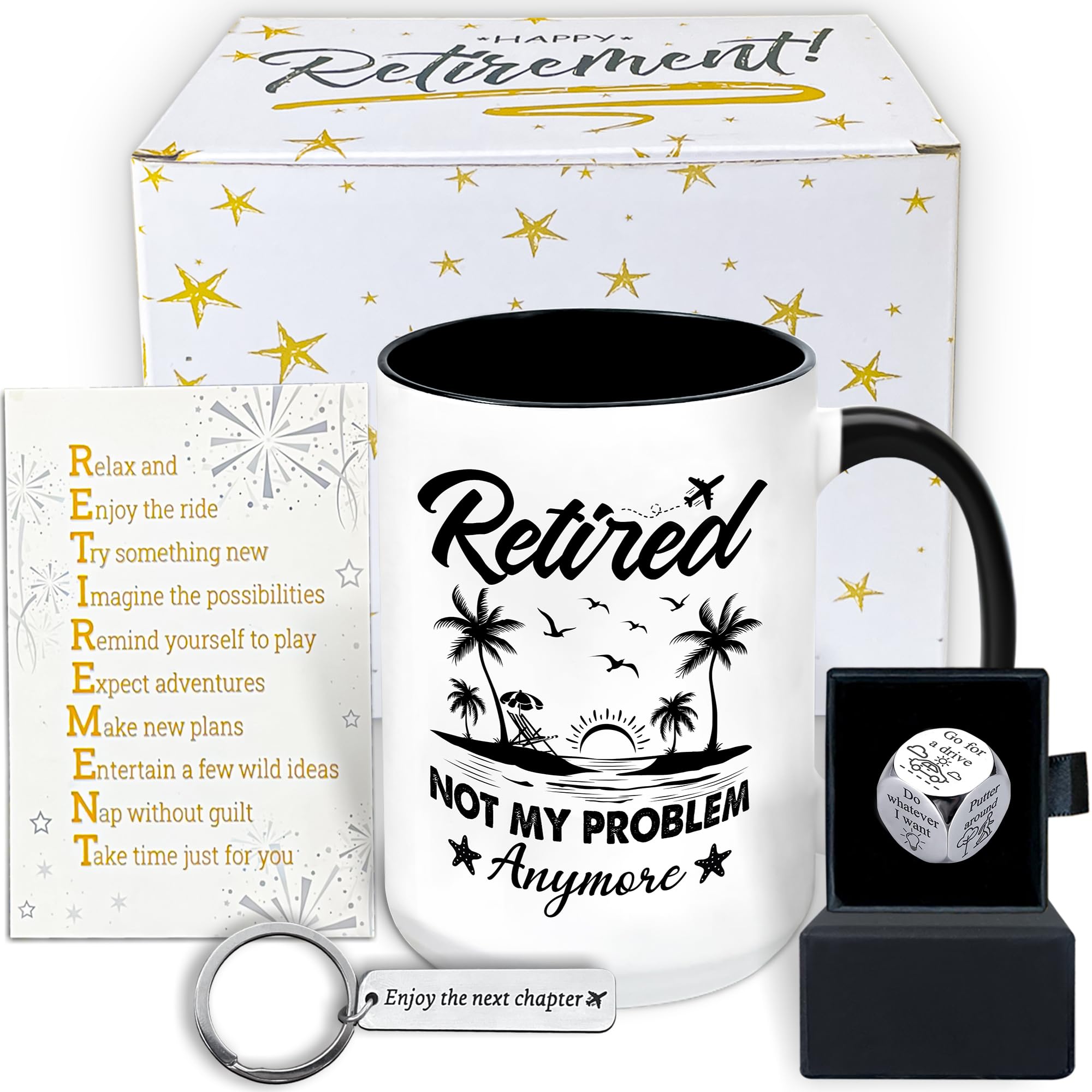 Funny Retirement Gifts for Women Men Dad Mom 2024, Happy Retirement Gifts For Friend Boss Family Teacher Nurse, Coworker Leaving Gifts, Retired Coffee Mug 15Oz, Decider Dice, Retirement Card, Keychain