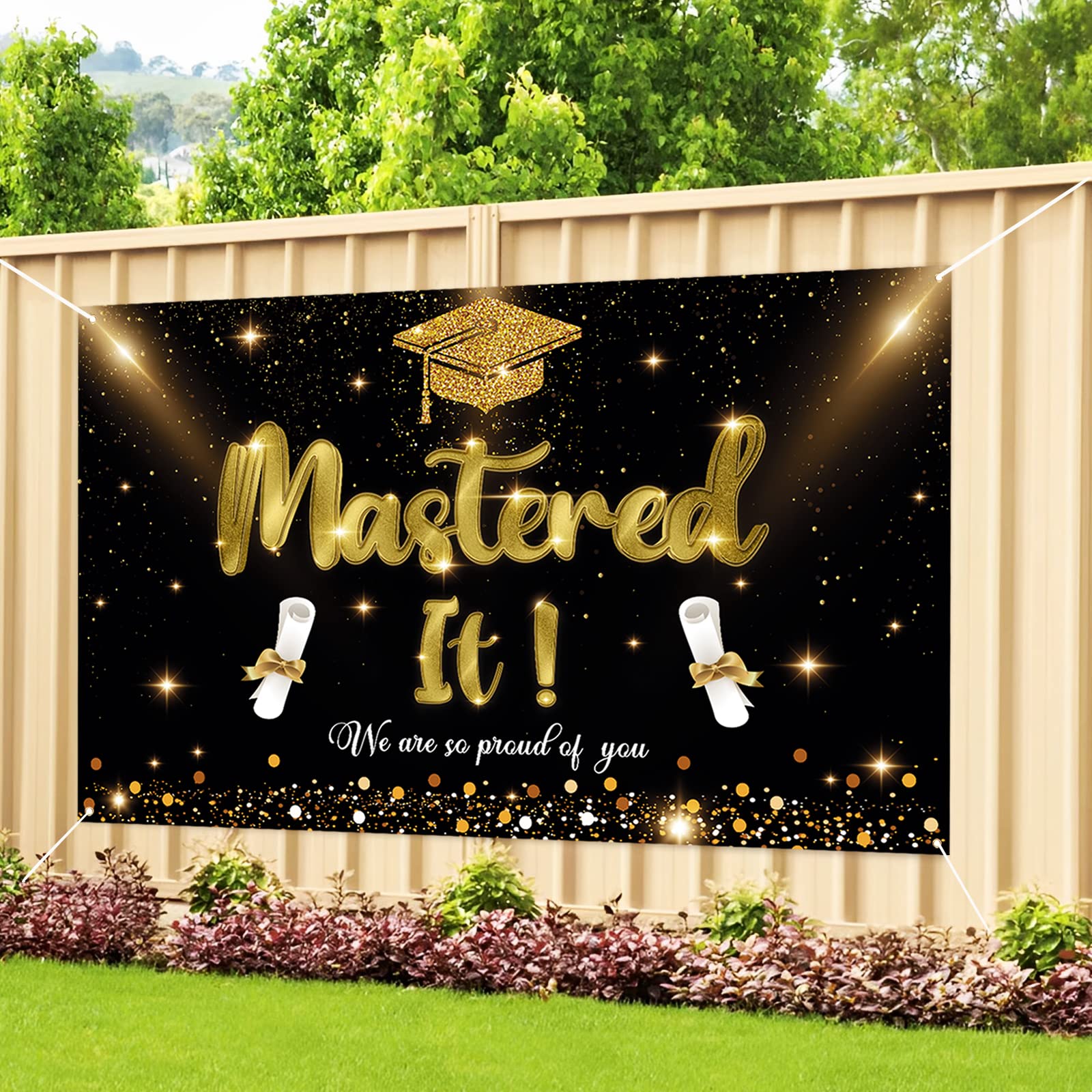 Labakita Mastered It Backdrop Banner, Masters Graduation Decorations, Masters Degree Graduation Banner, Graduation Decorations 2024, Graduation Party Indoor/Outdoor Decorations（Black and Gold）