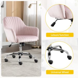 GEAIMQX Pink Velvet Vanity Desk Chair with Back and Wheels, Cute Makeup Chair for Vanity, Modern Swivel Rolling Chair for Bedroom Home Office Makeup Room, Adjustable High Silver Legs (Pink)