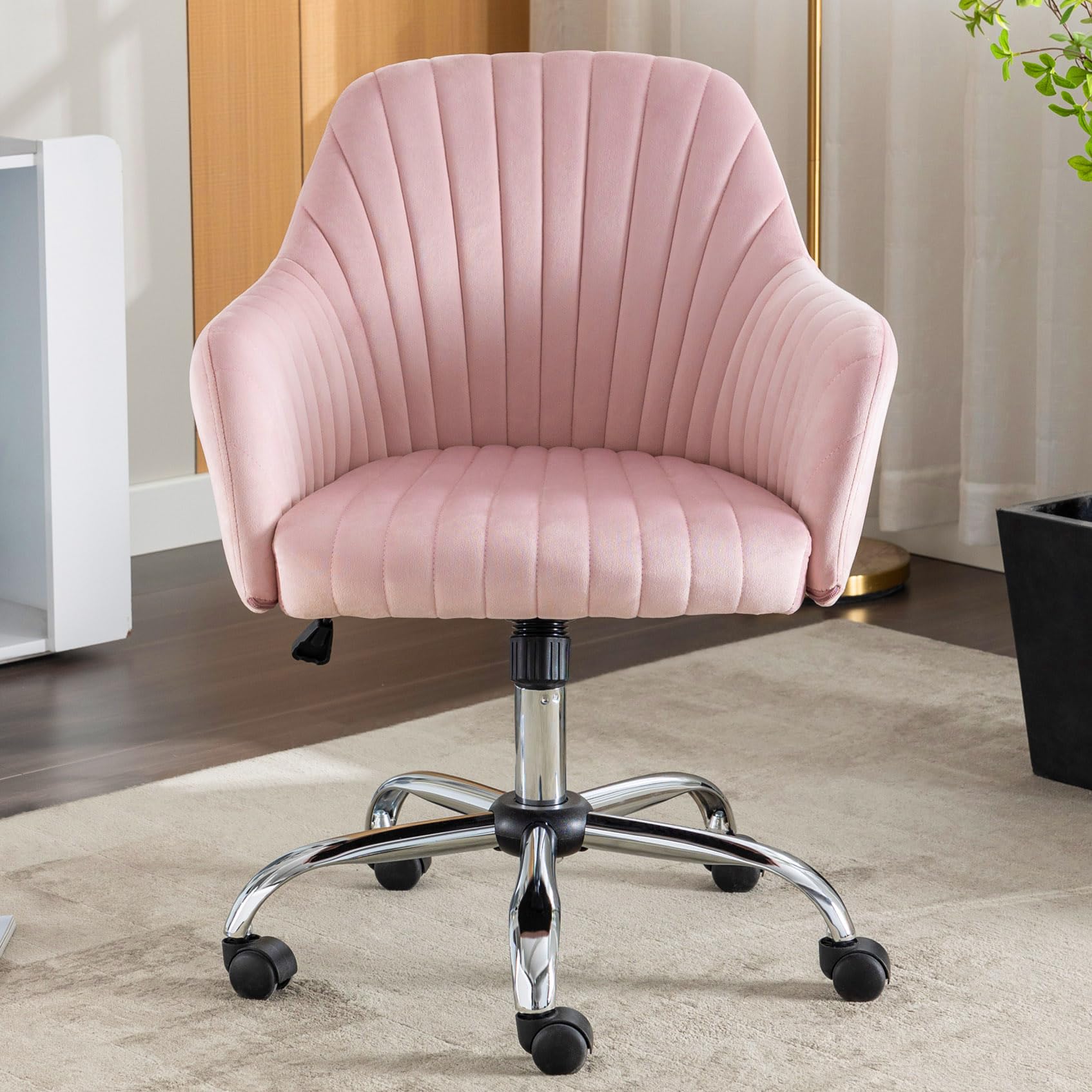 GEAIMQX Pink Velvet Vanity Desk Chair with Back and Wheels, Cute Makeup Chair for Vanity, Modern Swivel Rolling Chair for Bedroom Home Office Makeup Room, Adjustable High Silver Legs (Pink)