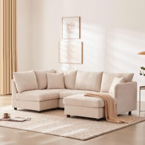 Acosure 89" Modern Sectional Sofa with Convertible Ottoman,L-Shape Couch W/ 2 Pillows,Vertical Stripes Design,Various Combinations, Indoor 5-Seat Furniture for Living Room,Apartment,Beige