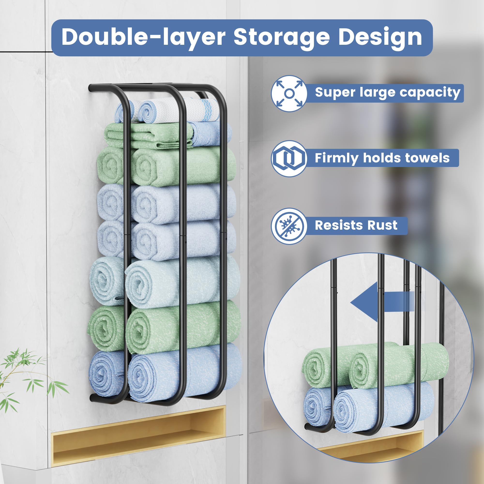 BasicForm Towel Racks for Bathroom, Towel Holder for Double-Layer Storgae, Rolled Towel Rack Wall Mounted, Bath Towels Organizer for Small Bathroom Apartment Dorm Rooms, Sturdy Metal, Black