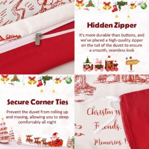 Christmas Duvet Cover King Size, Duvet Cover Set 3 Pieces Soft Microfiber Red Bedding Set Christmas Theme Reindeers Santa Claus Christmas Trees Pattern Comforter Set (104"x90")(Not Comforter)