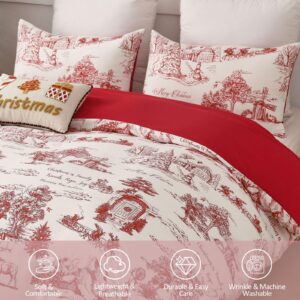 Christmas Duvet Cover King Size, Duvet Cover Set 3 Pieces Soft Microfiber Red Bedding Set Christmas Theme Reindeers Santa Claus Christmas Trees Pattern Comforter Set (104"x90")(Not Comforter)