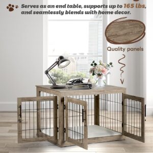 Upolana Large Dog Crate Furniture, 38 inch Dog Crates with Bed Pad, Wooden Dog Kennel Furniture, End Table Dog Cage with 3 Doors, Greige S35812