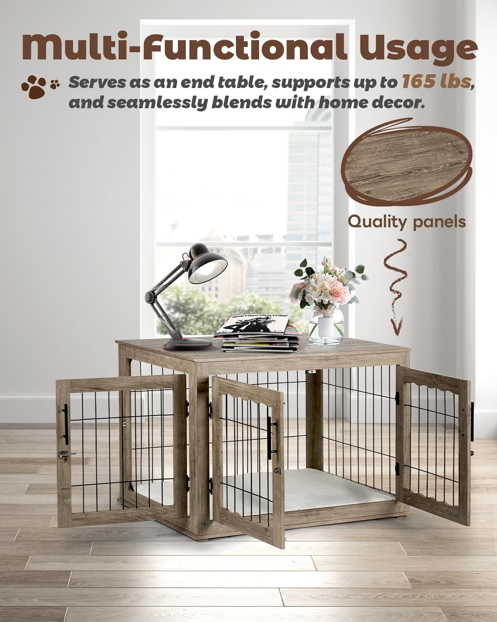 Upolana Large Dog Crate Furniture, 38 inch Dog Crates with Bed Pad, Wooden Dog Kennel Furniture, End Table Dog Cage with 3 Doors, Greige S35812