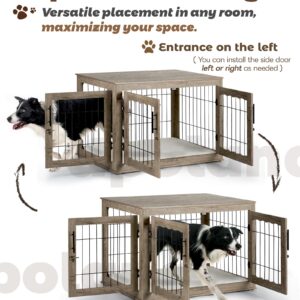 Upolana Large Dog Crate Furniture, 38 inch Dog Crates with Bed Pad, Wooden Dog Kennel Furniture, End Table Dog Cage with 3 Doors, Greige S35812