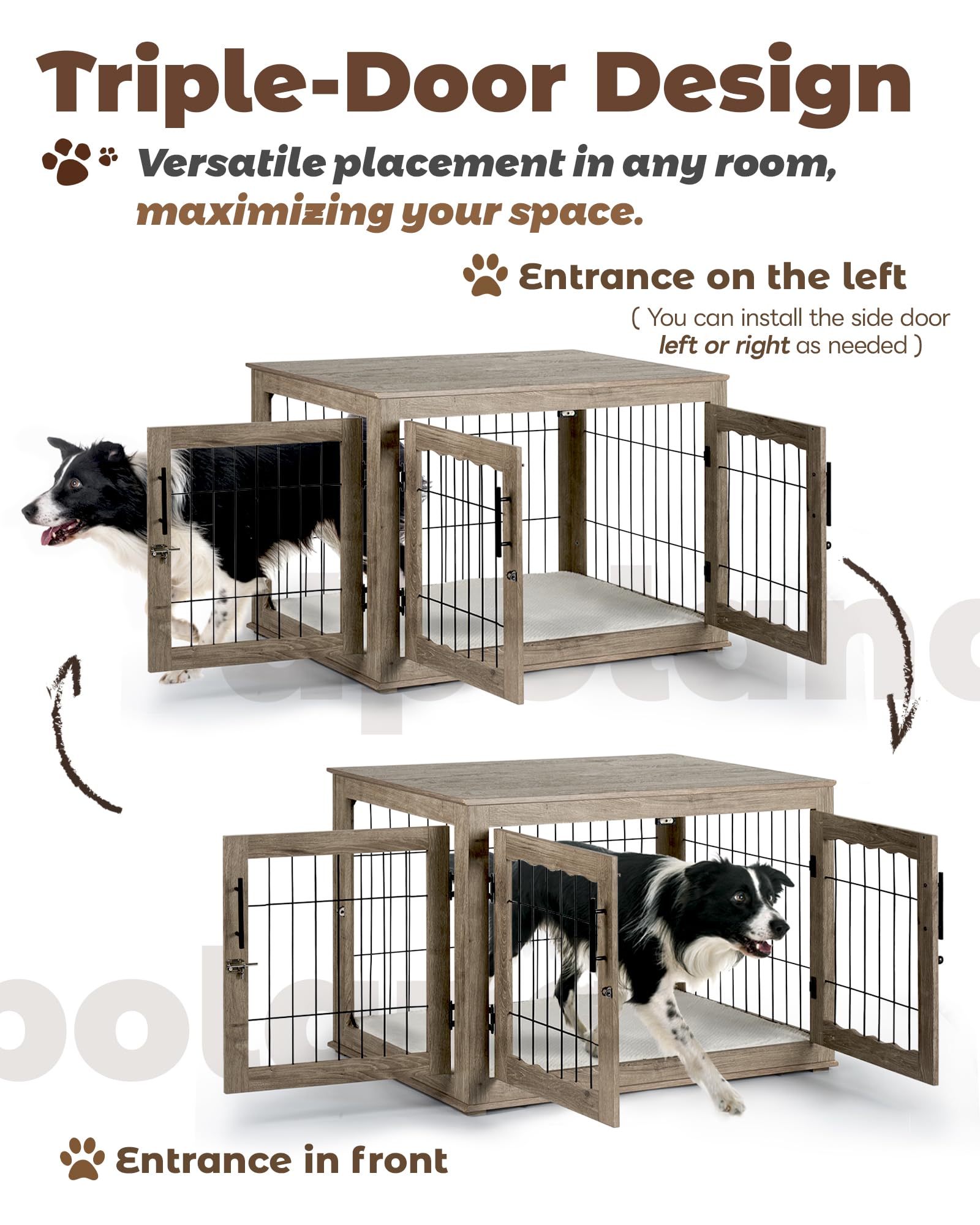 Upolana Large Dog Crate Furniture, 38 inch Dog Crates with Bed Pad, Wooden Dog Kennel Furniture, End Table Dog Cage with 3 Doors, Greige S35812