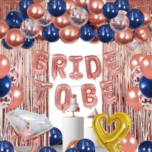 bachelorette party decorations set, blue and rose gold bridal shower party decor and supplies-bride to be balloons, fringe curtain, ring & latex balloons for bridal shower, wedding, bridal shower