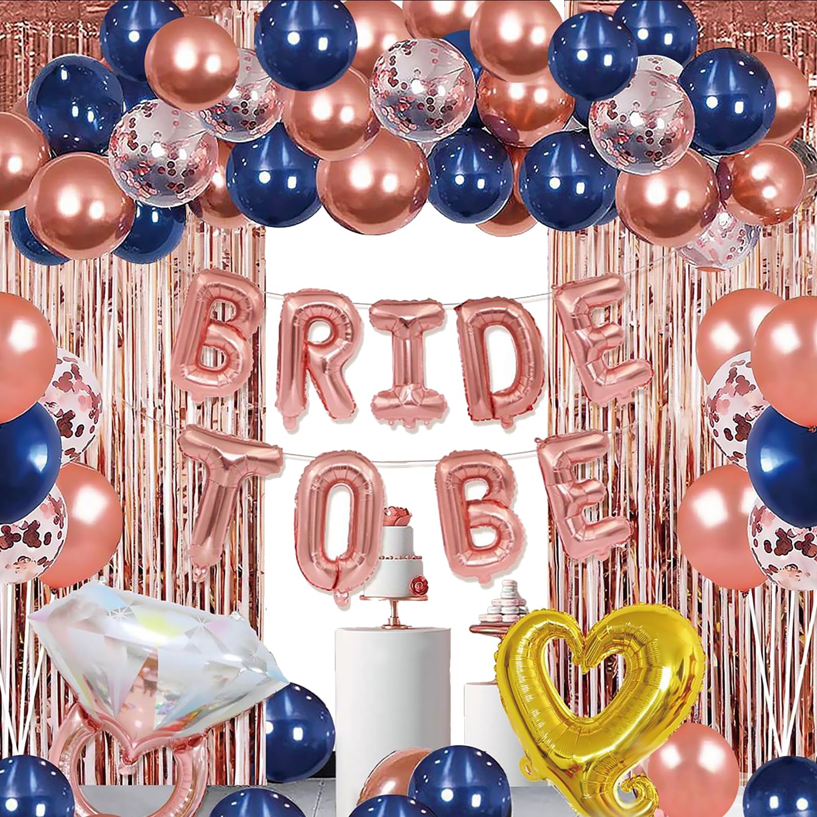 Bachelorette Party Decorations Set, Blue and Rose Gold Bridal Shower Party Decor and Supplies-Bride to Be Balloons, Fringe Curtain, Ring & Latex Balloons for Bridal Shower, Wedding, Bridal Shower