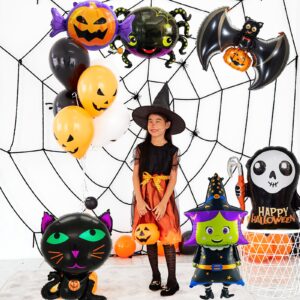 7 Pieces Large Halloween Foil Balloons Decorations Set, Includes Bat, Witch, Pumpkin, Black Cat, Skeleton, Ghost and Spider Designs Mylar Balloons for Spooky Trick-or-Treating Party Supplies