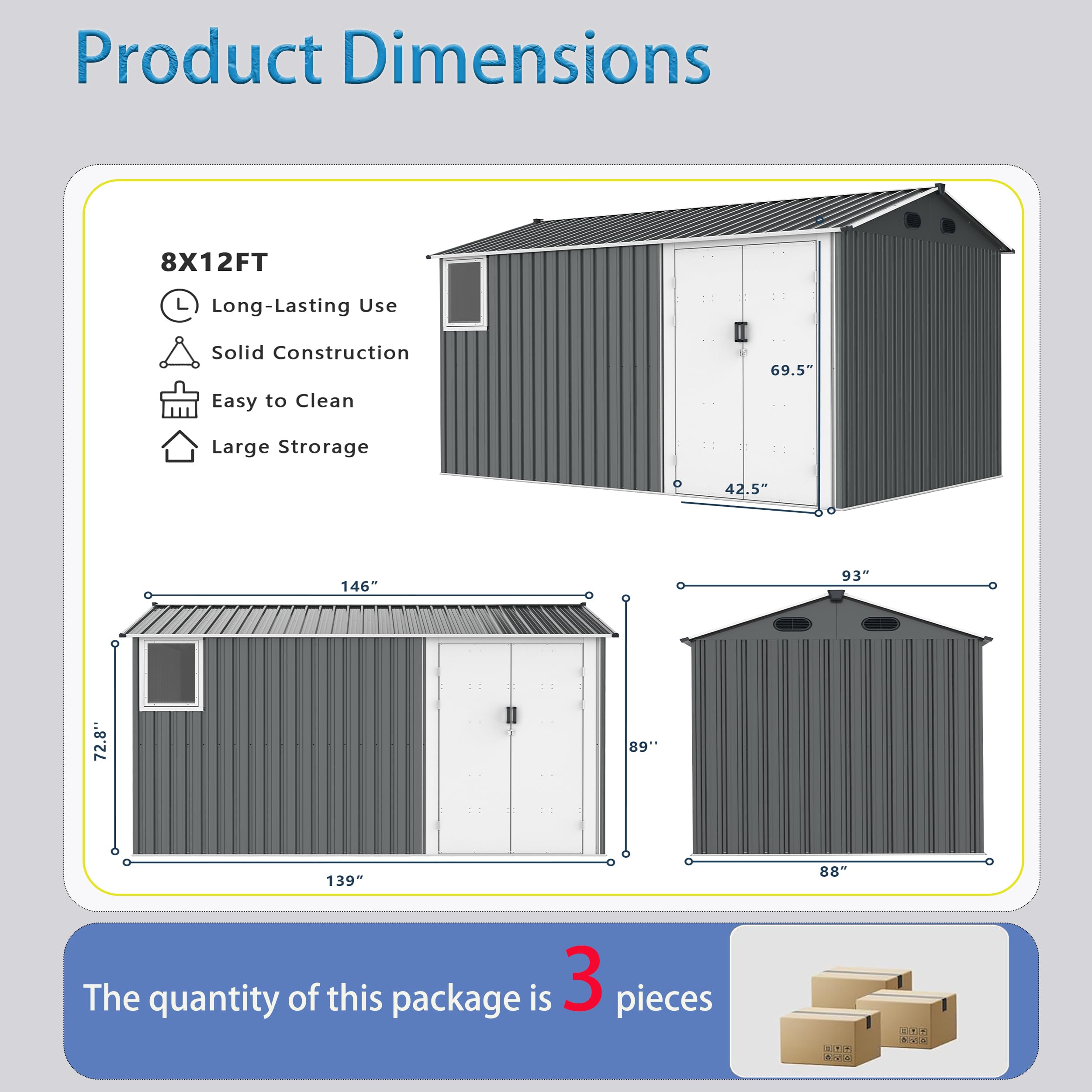 Schuppen Mit Fenstern, 8x12ft Doppelt Verschlossenes Metall-gartenhaus, Werkzeugschuppen-abstellraum Im Freien Mit Schrägdach, Für Hinterhof, Garage, Rasen, Grau