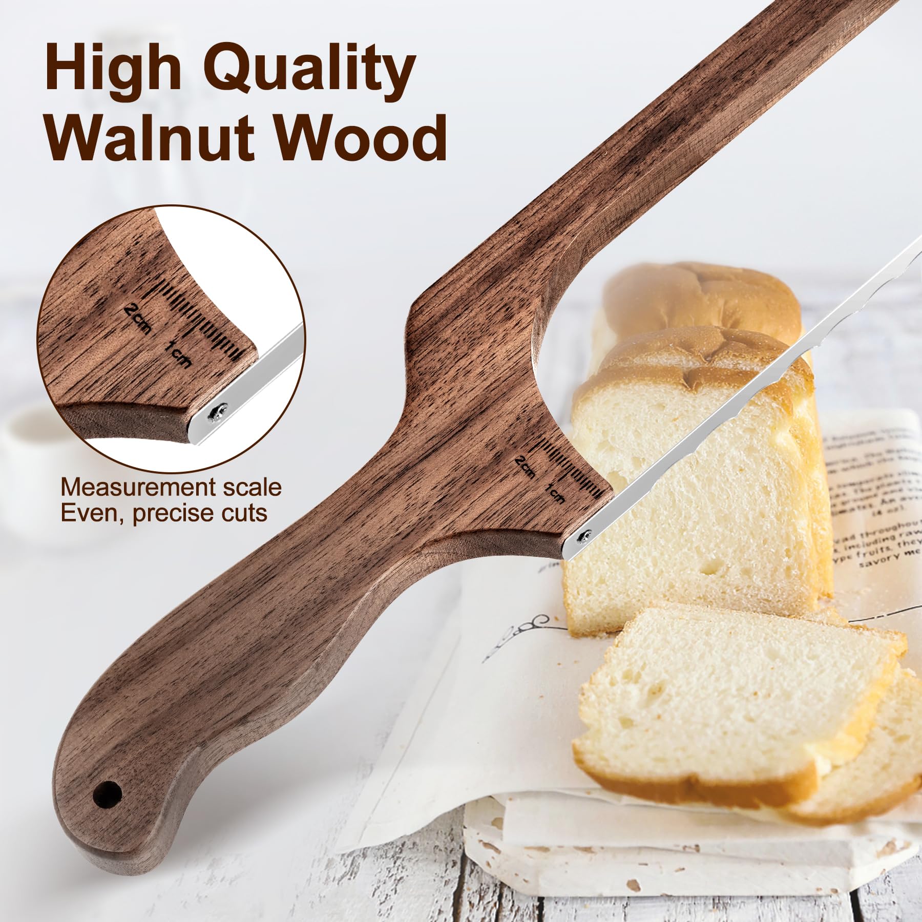 Bread Knife, Mecyfaty Sourdough Bread Cutter with Cover, Bread Slicer for Homemade Bread, Bagels, 0.06 cm Thickened Serrated Knife with Measuring Scale, Walnut Made-Best Bread Scoring Tool for Friends