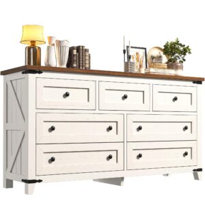 EnHomee Dresser for Bedroom Wood Dresser with 7 Drawers White Dresser with Smooth Metal Rail Long Dressers & Chests of Drawers Farmhouse Dresser for Bedroom Dresser TV Stand, Closet, Antique White