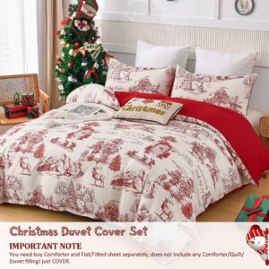 Christmas Duvet Cover King Size, Duvet Cover Set 3 Pieces Soft Microfiber Red Bedding Set Christmas Theme Reindeers Santa Claus Christmas Trees Pattern Comforter Set (104"x90")(Not Comforter)