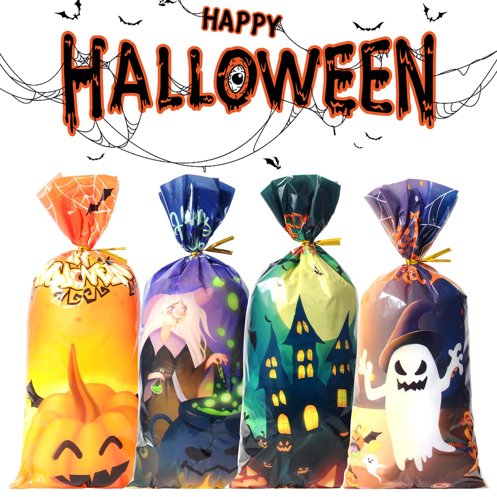 HiloPack Halloween Goodie Bags for Candy, 50Pcs Halloween Treat Bags with Twist Ties, Halloween Candy Bags for Kids Trick or Treat Party Supplies, Hallowen Favors Gift Bag Decor (Halloween Goody Bag)