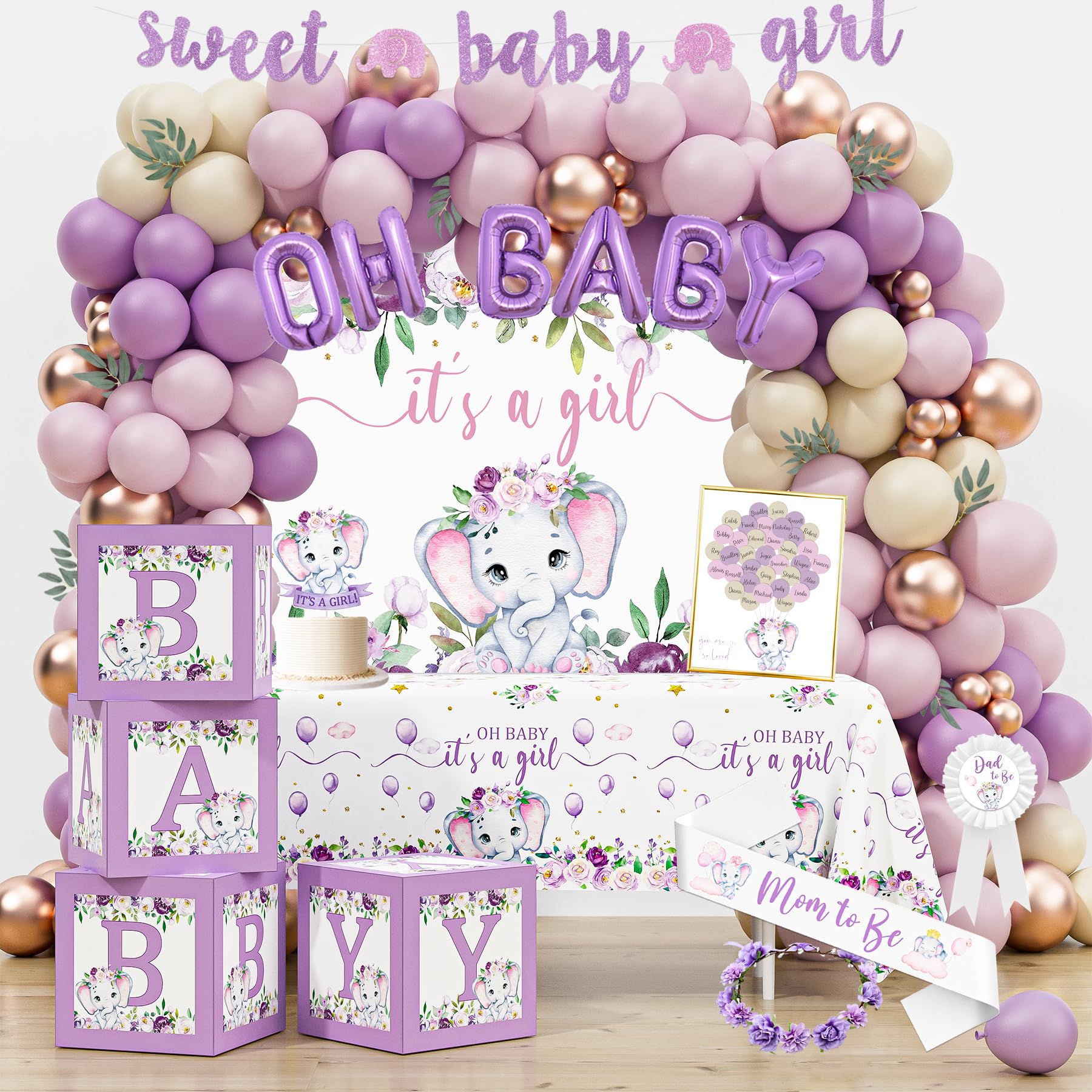 Elephant Baby Shower Decorations for Girl, Pink Purple Elephant Baby Shower Party Supplies, It's a Girl Backdrop Tablecloth Elephant Balloon Arch BABY Box Sweet Baby Girl Banner Mom to Be Sash