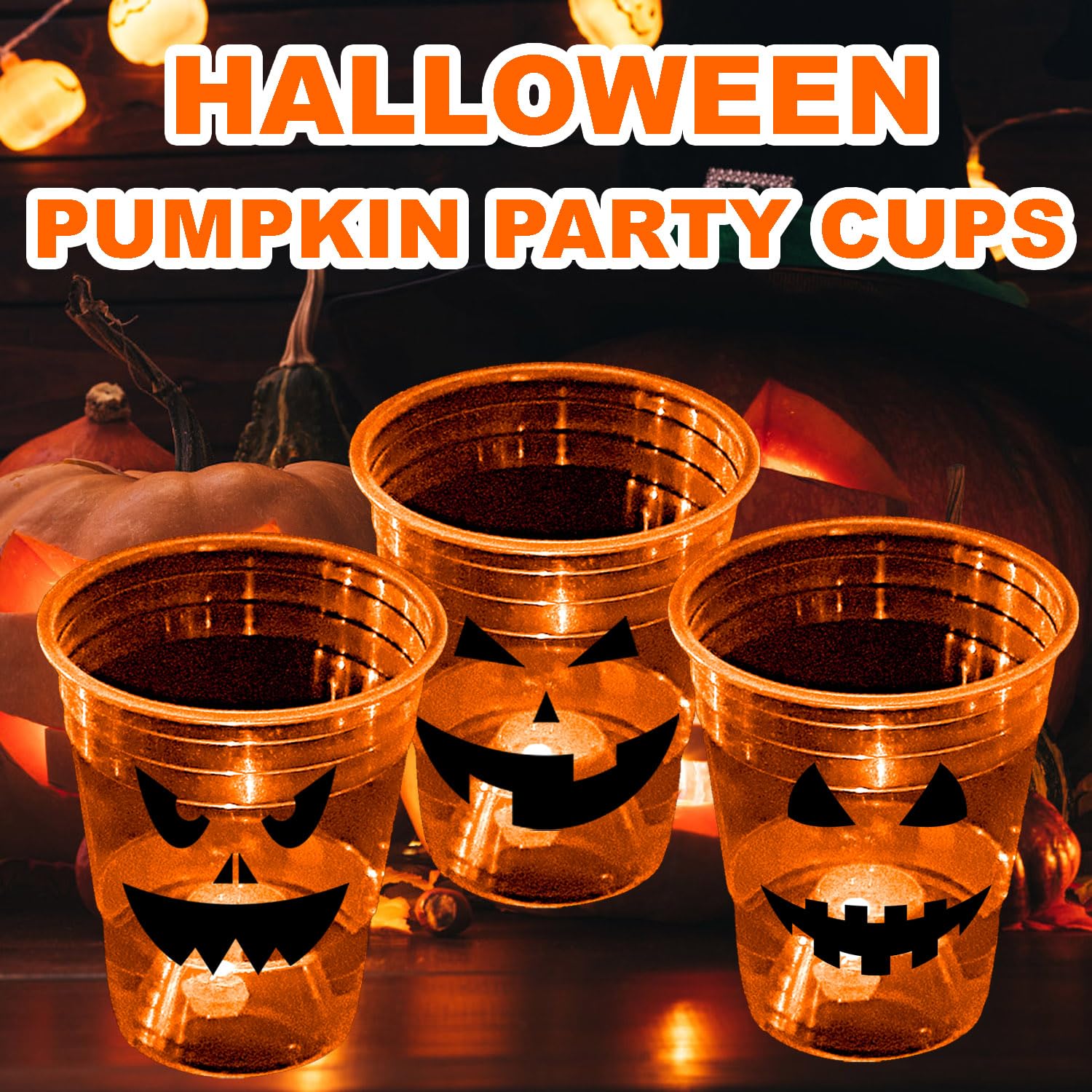 mishunyus 40 Pcs Halloween Glow Pumpkin Party Cups for Adults Kids, 16 oz Orange Plastic Cups Reusable Party Cups for Halloween Party Night,Daytime Supplies Decorations