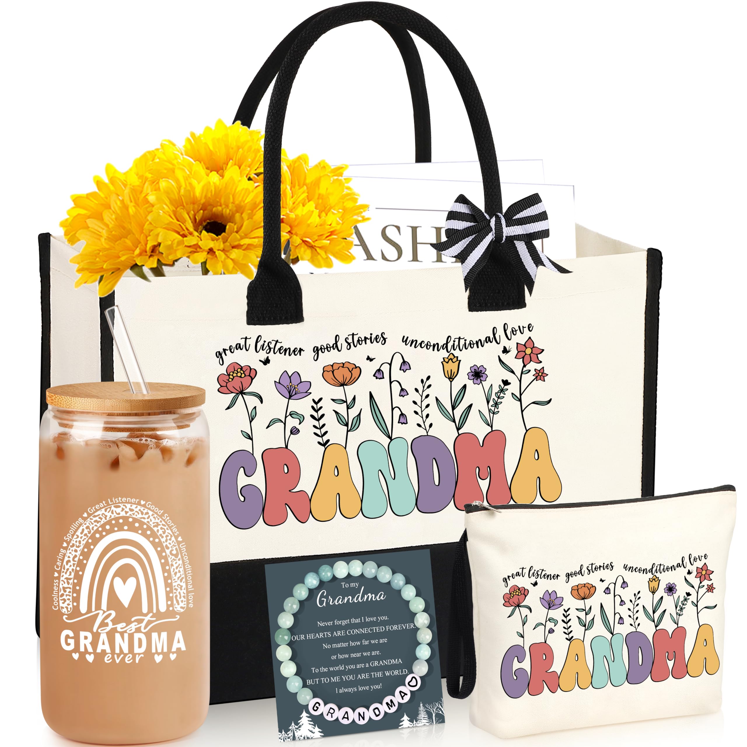 DOGMEM Grandma Gifts for Birthday, Tote Bag Grandma Gifts Set from Granddaughter Grandson Grandchildren Grandkids Best Grandma Gifts Basket Tote Bag Makeup Bag 16 Oz Can Glass Bead Bracelet