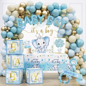 elephant baby shower decorations for boy, blue elephant baby shower party supplies, it's a boy backdrop tablecloth elephant balloon arch baby box mom to be sash dad to be pin