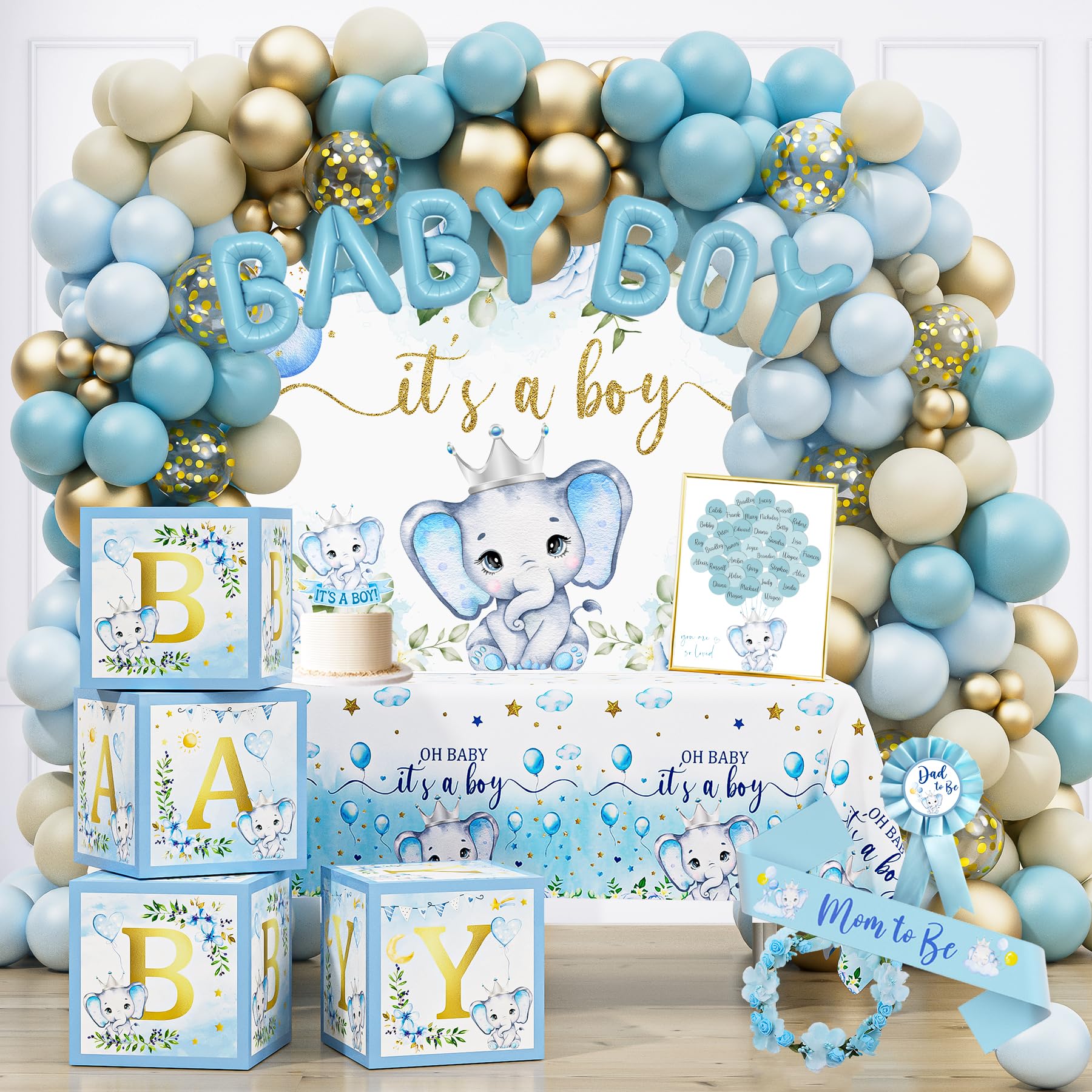 Elephant Baby Shower Decorations for Boy, Blue Elephant Baby Shower Party Supplies, It's a Boy Backdrop Tablecloth Elephant Balloon Arch BABY Box Mom to Be Sash Dad to Be Pin