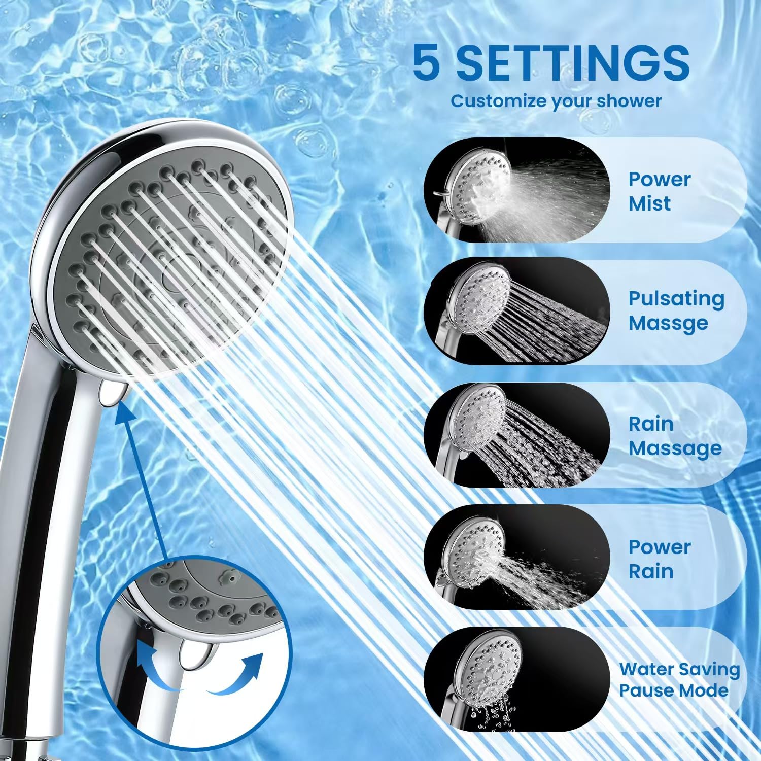 Shower Head, Axioblis 5 Function High Pressure Handheld ShowerHead with Shower Hose and Adjustable Bracket, Velynda