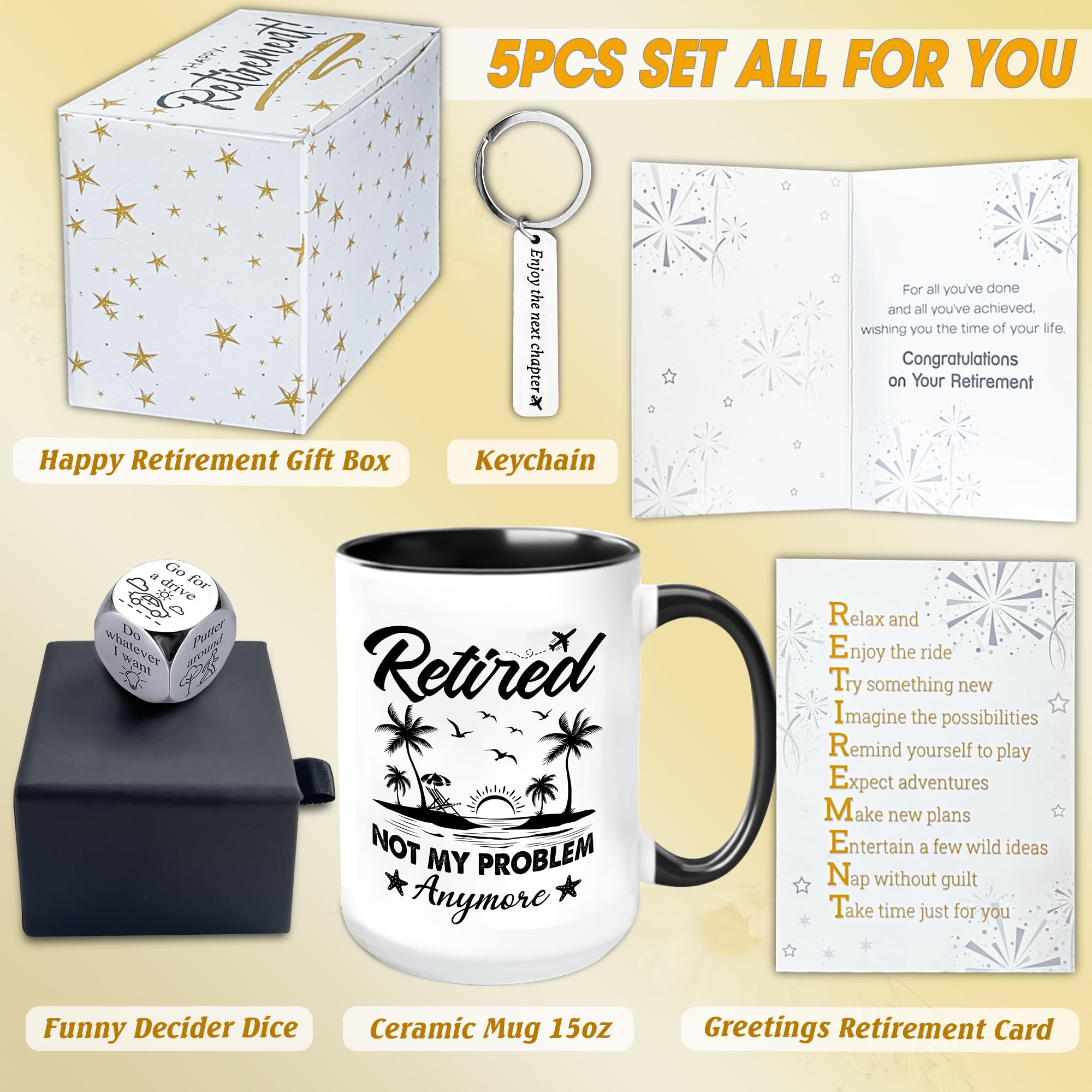 Funny Retirement Gifts for Women Men Dad Mom 2024, Happy Retirement Gifts For Friend Boss Family Teacher Nurse, Coworker Leaving Gifts, Retired Coffee Mug 15Oz, Decider Dice, Retirement Card, Keychain