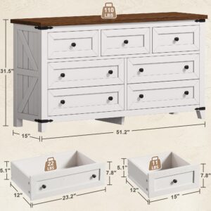 EnHomee Dresser for Bedroom Wood Dresser with 7 Drawers White Dresser with Smooth Metal Rail Long Dressers & Chests of Drawers Farmhouse Dresser for Bedroom Dresser TV Stand, Closet, Antique White