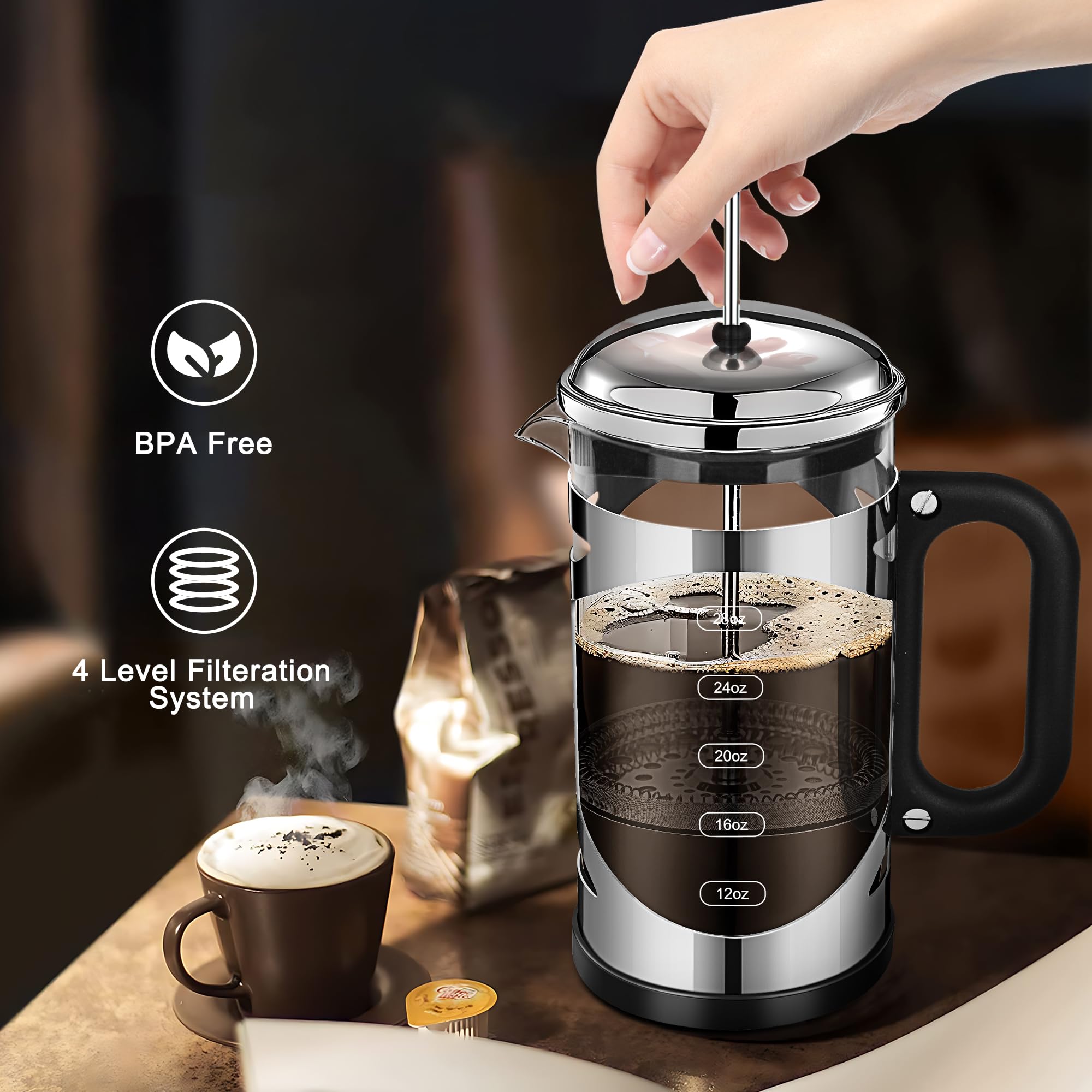 YMMIND 34 Ounce French Press Coffee Maker Chromium Stainless Steel Coffee Press, with 4-Level Filter System, Heat Resistant Thickness Borosilicate Glass, BPA-Free Brewed Coffee Pot for Camping Gifts