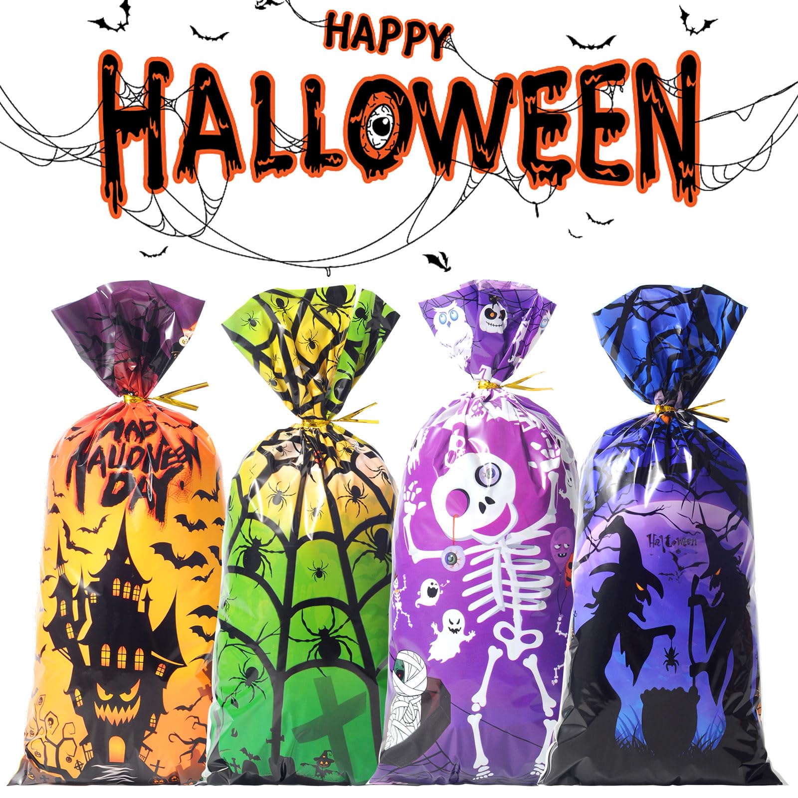 HiloPack Halloween Treat Bags for Candy, 50Pcs Halloween Goodie Bags with Twist Ties, Halloween Candy Bags Gift Bags for Kids Halloween Trick or Treat Party Supplies, Hallowen Favors Bag Decor (Goody)