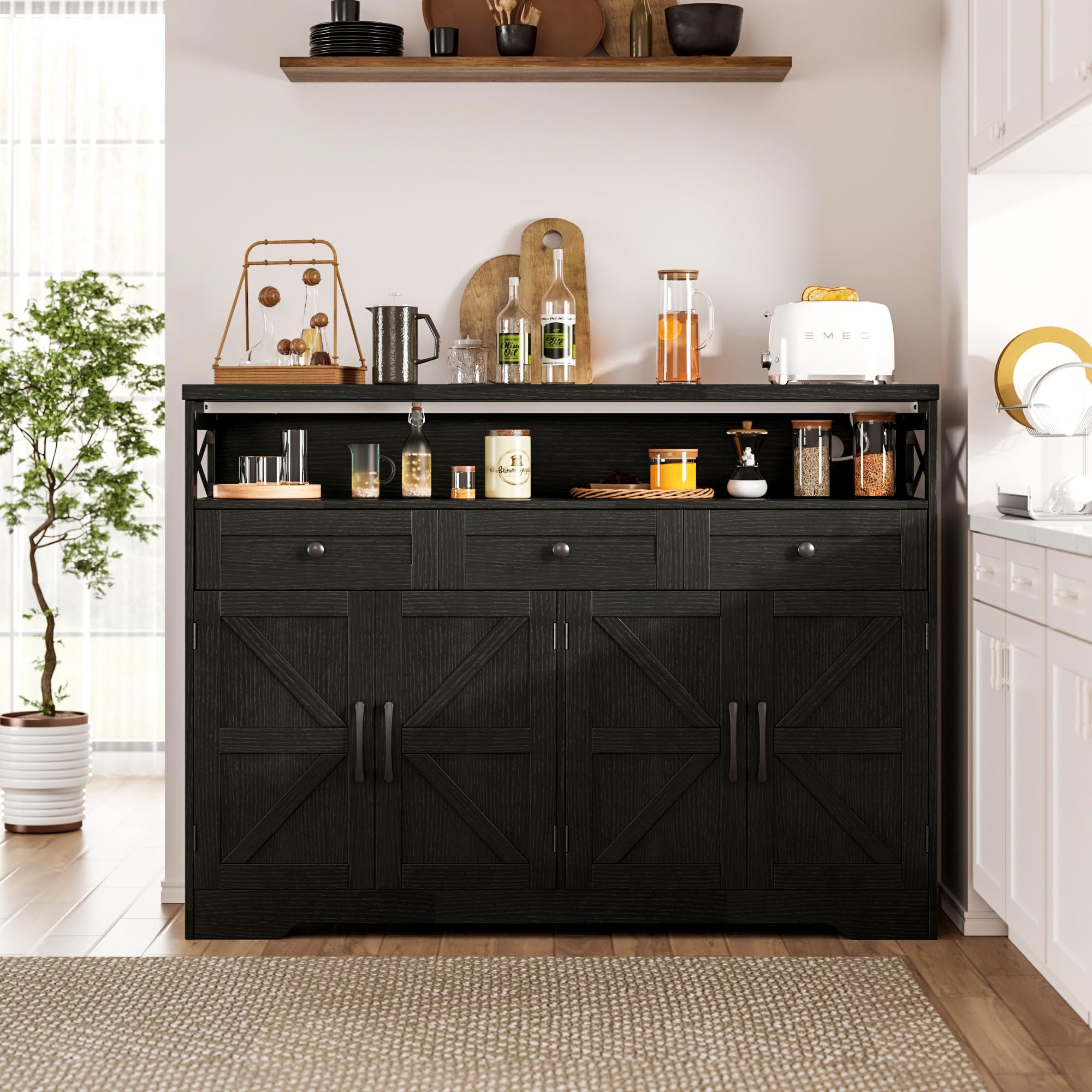 Befrases 52" L Modern Farmhouse Sideboard Buffet Cabinet, Black Storage Cabinet with Drawers & Shelves, Kitchen Pantry Hutch Cabinet, Coffee Bar Station Table for Living Room, Dining Room, Entryway