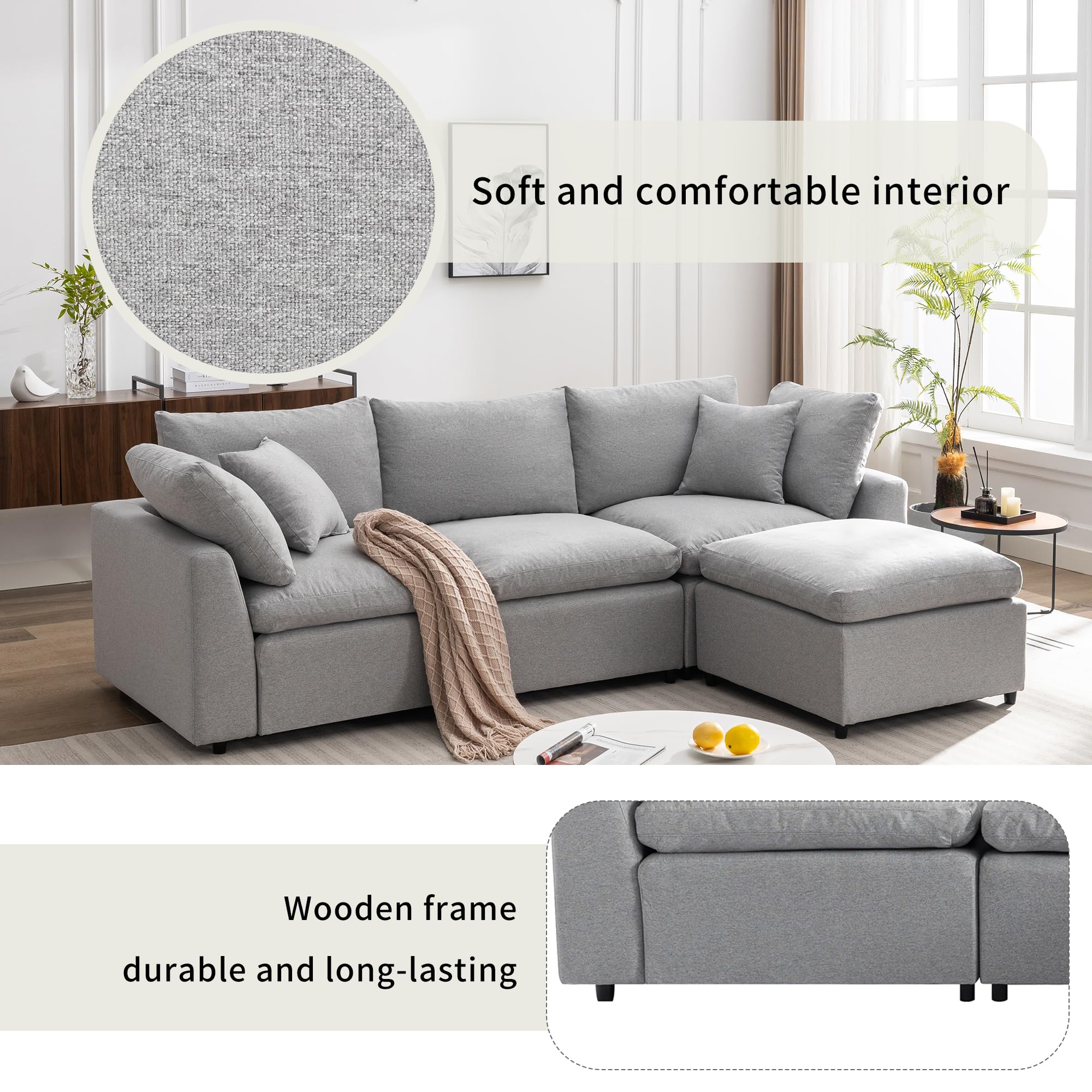 Taiweny Down Filled Convertible Modular Sectional Sofa, Modern Modular 3-Seat L-Shape Sofa Couch with Convertible Ottoman, Cloud Sofa Couch with Feather Filled for Living Room Apartment(Light Grey)