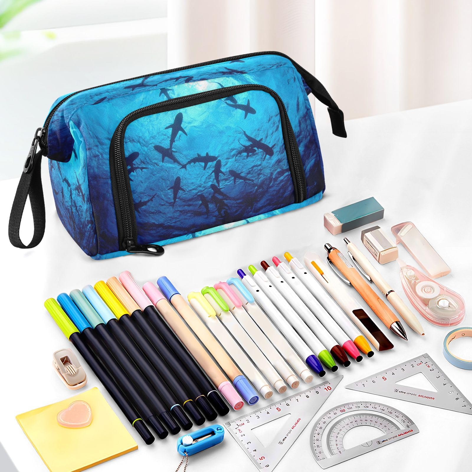 Quteprint Large Capacity Pencil Case, Sea Ocean Animal Sharks Portable Pencil Bag Pen Case Pouch with Zipper, Office School Stationery Bag Pencil Box Holder for Teens Girls Boys Adults Student