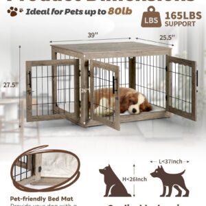 Upolana Large Dog Crate Furniture, 38 inch Dog Crates with Bed Pad, Wooden Dog Kennel Furniture, End Table Dog Cage with 3 Doors, Greige S35812