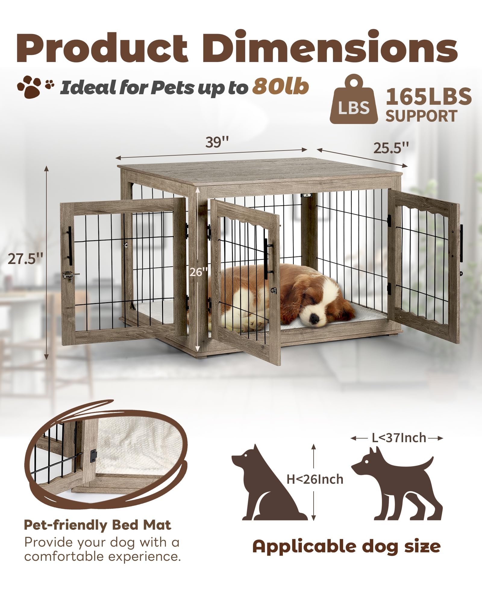 Upolana Large Dog Crate Furniture, 38 inch Dog Crates with Bed Pad, Wooden Dog Kennel Furniture, End Table Dog Cage with 3 Doors, Greige S35812