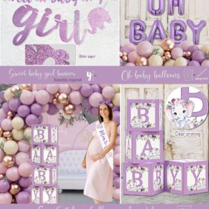 Elephant Baby Shower Decorations for Girl, Pink Purple Elephant Baby Shower Party Supplies, It's a Girl Backdrop Tablecloth Elephant Balloon Arch BABY Box Sweet Baby Girl Banner Mom to Be Sash