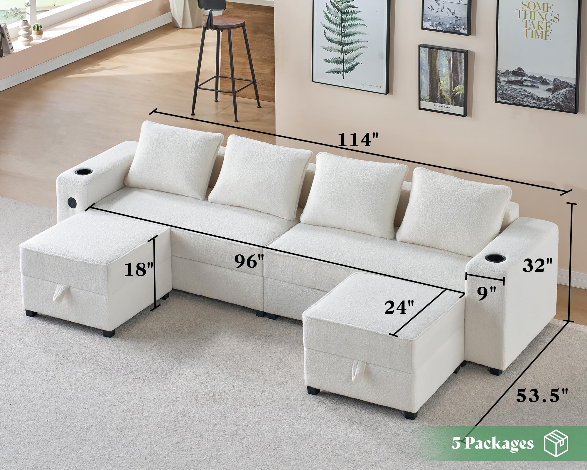 AMERLIFE 114 Inch Sectional Sofa,6 Seats Modular Sectional Sofa with Storage, U Shaped Couch with 2 USB Ports &Cup Holders, Ottomans, 4 Pieces Set White Bouclé Sofa Couch