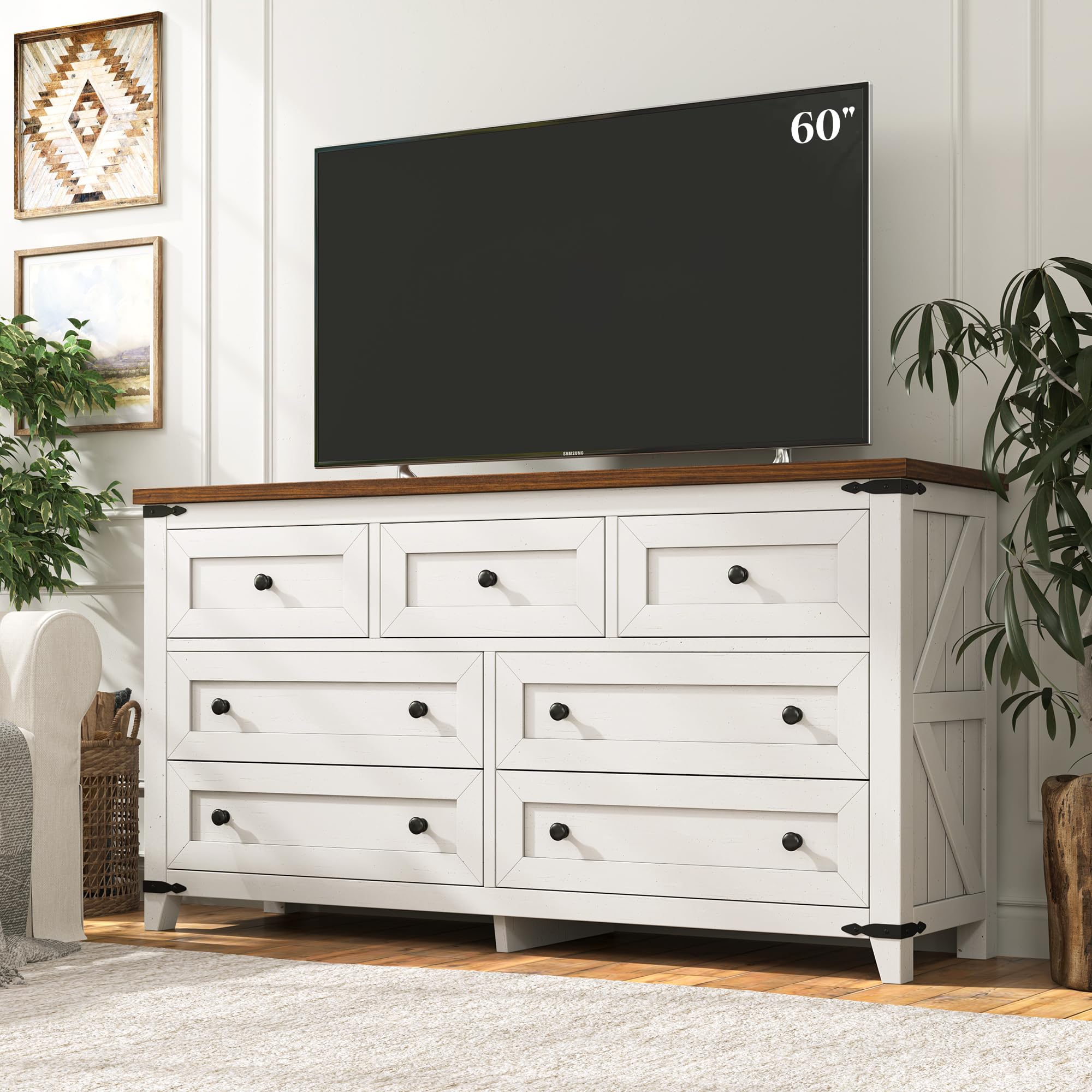 EnHomee Dresser for Bedroom Wood Dresser with 7 Drawers White Dresser with Smooth Metal Rail Long Dressers & Chests of Drawers Farmhouse Dresser for Bedroom Dresser TV Stand, Closet, Antique White