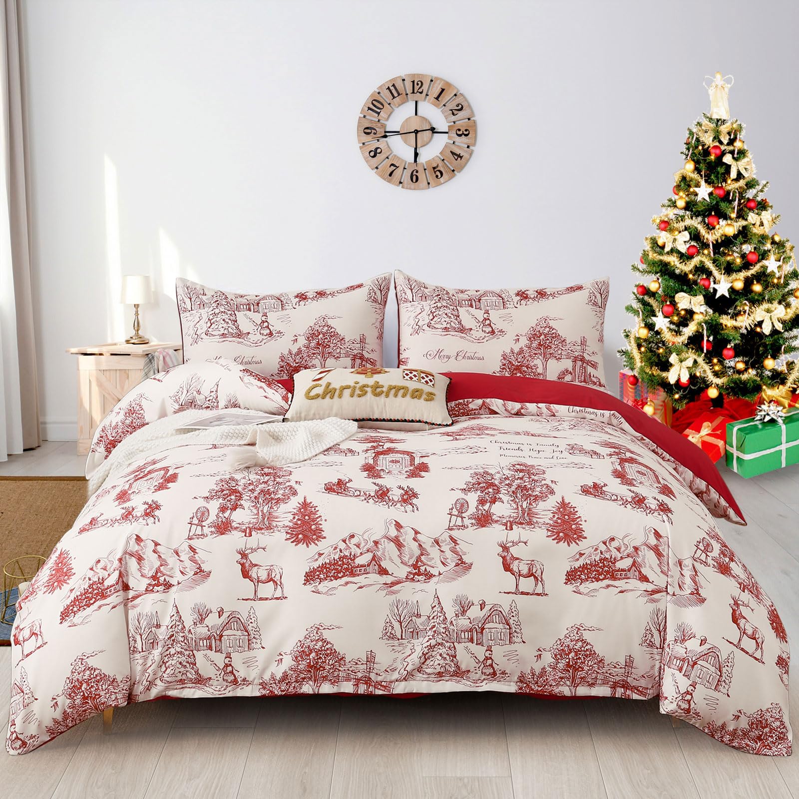 Christmas Duvet Cover King Size, Duvet Cover Set 3 Pieces Soft Microfiber Red Bedding Set Christmas Theme Reindeers Santa Claus Christmas Trees Pattern Comforter Set (104"x90")(Not Comforter)