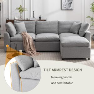 Taiweny Down Filled Convertible Modular Sectional Sofa, Modern Modular 3-Seat L-Shape Sofa Couch with Convertible Ottoman, Cloud Sofa Couch with Feather Filled for Living Room Apartment(Light Grey)