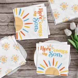 Here Comes The Son Baby Shower Decoration, 40pcs Disposable Retro Boho Sun Napkins Paper Little Ray Of Sunshine Baby Shower Napkins The Boho Sun Party Decorations for Boys Kids Birthday Supplies