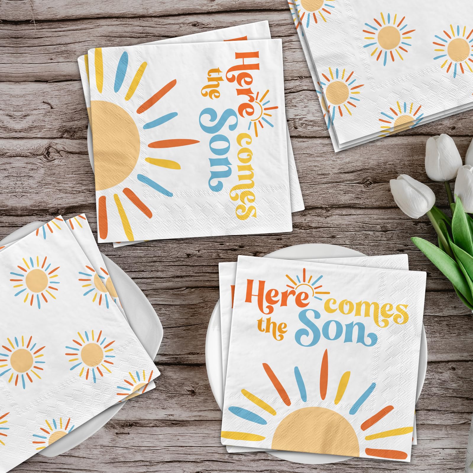 Here Comes The Son Baby Shower Decoration, 40pcs Disposable Retro Boho Sun Napkins Paper Little Ray Of Sunshine Baby Shower Napkins The Boho Sun Party Decorations for Boys Kids Birthday Supplies