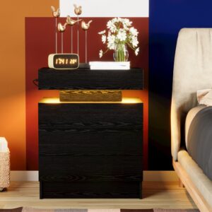 LIKIMIO Night Stand with Charging Station, Modern Black Nightstand with LED Light and 3 Drawers, Bedside Tables/End Table for Bedroom