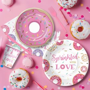 Suhelkit Donut Baby Sprinkle Decorations Tableware Girl - Sprinkled with Love Baby Shower Party Supplies, Paper Plate, Napkin, Cup, Tablecloth, Cutlery, Pink Donut Baby Shower Decorations | 24 Guests