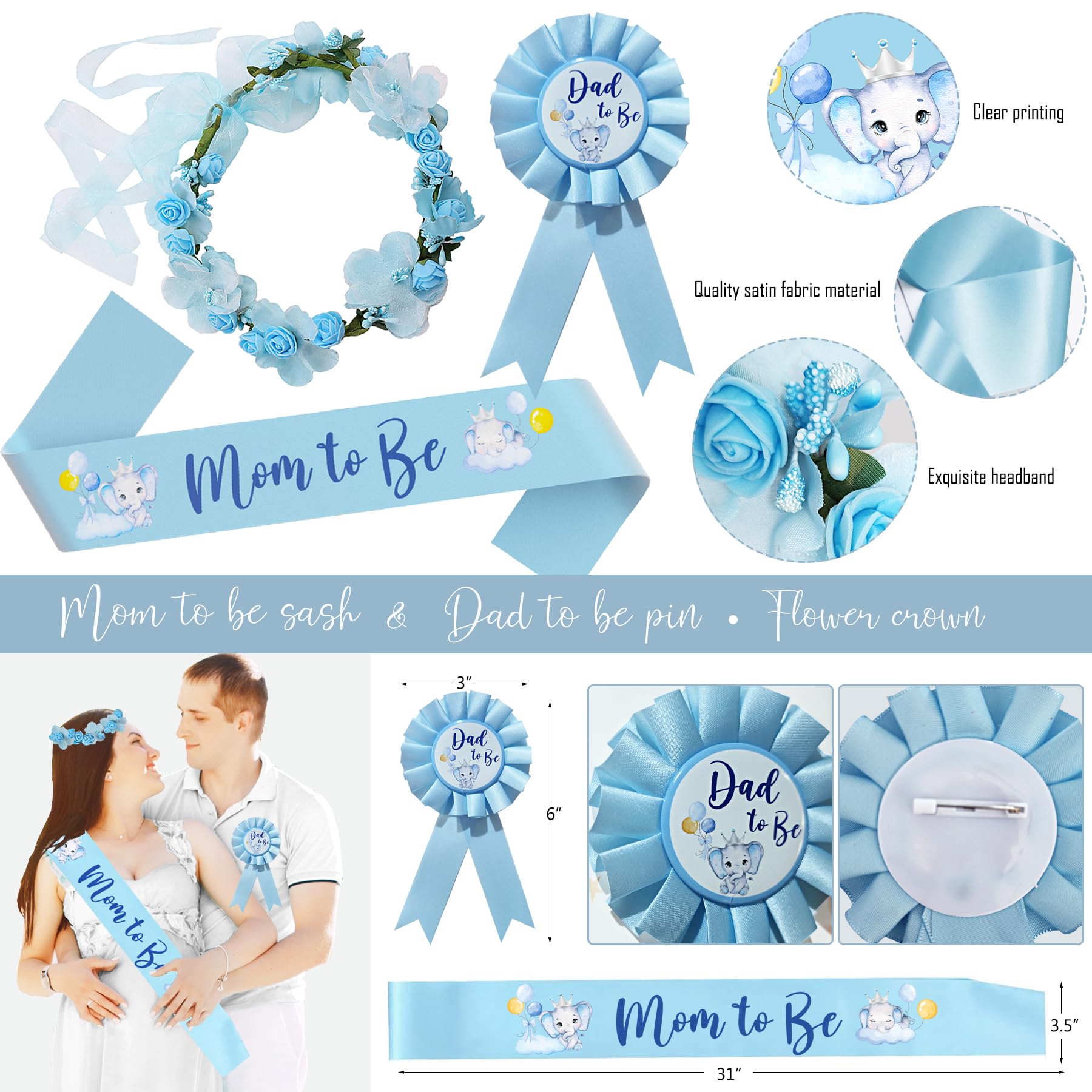 Elephant Baby Shower Decorations for Boy, Blue Elephant Baby Shower Party Supplies, It's a Boy Backdrop Tablecloth Elephant Balloon Arch BABY Box Mom to Be Sash Dad to Be Pin