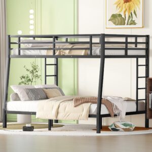 Full XL Over Queen Bunk Beds with 2 Build in Ladder and Full Length Guardrail, Heavy Duty Bunk Bed/Full XL Over Queen Bunk Bed for Adults, Teens, Kids, No Box Spring Needed(Black Full XL Over Queen)