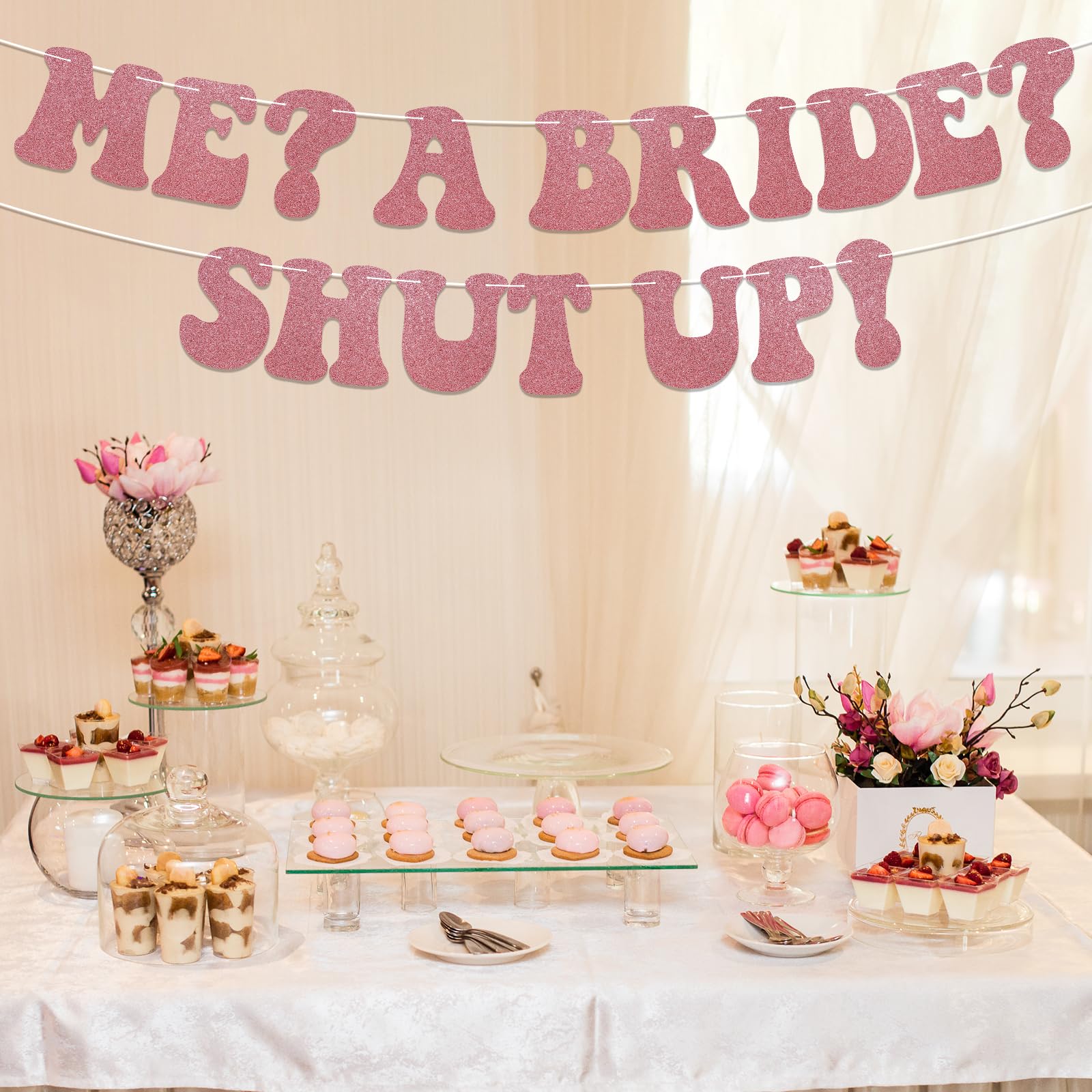 Me? A Bride? Shut Up! Banner, Pre-Strung, Bachelorette Party Decorations, Bride to Be Banner, Wedding Engagement Party Decorations Rose Gold Glitter