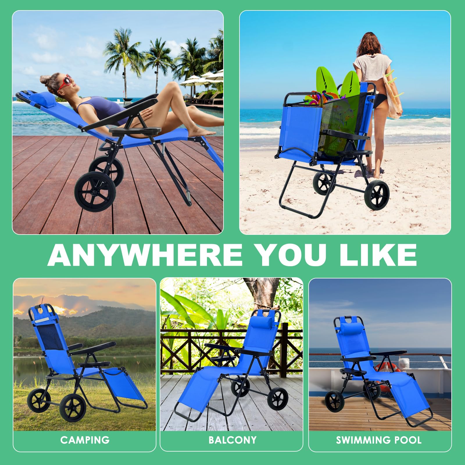 DoCred Beach Cart Chair - 2 in 1 Foldable Beach Chair with Wheels, Beach Lounge Chair, Chair Wagon Beach Cart with 5 Positions for Beach, Backyard, Pool, Camping or Picnic